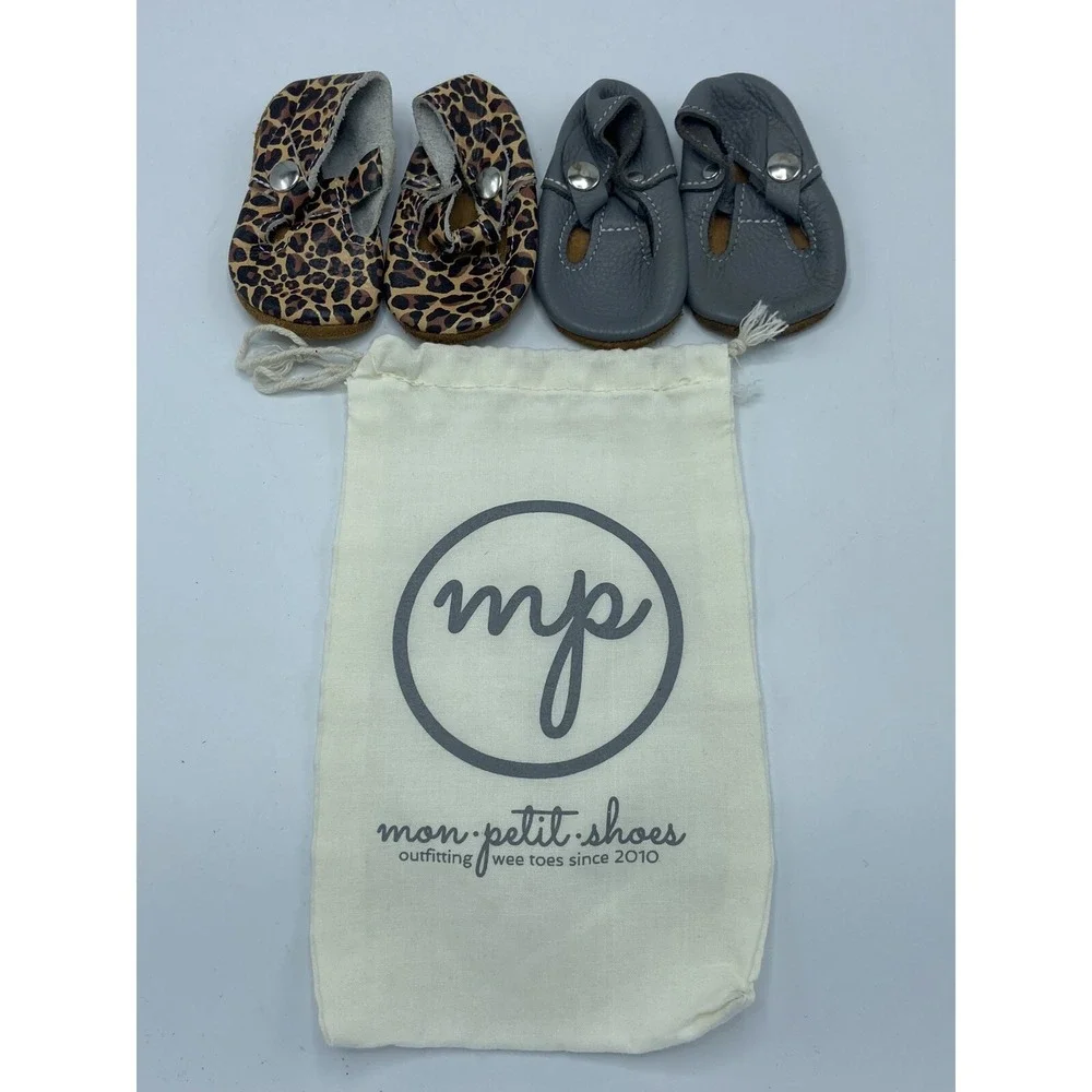 Lot Of 2 Mon Petit Shoes Size 2 Colors Cheetah and‎ Gray Handmade Leather